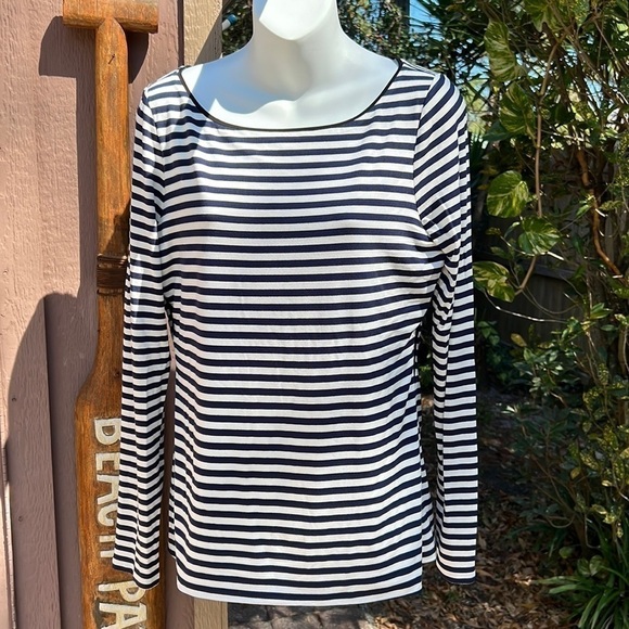 White House Black Market Tops - 124. WHBM long sleeve stripe peplum bodice, officer blue with white stripes